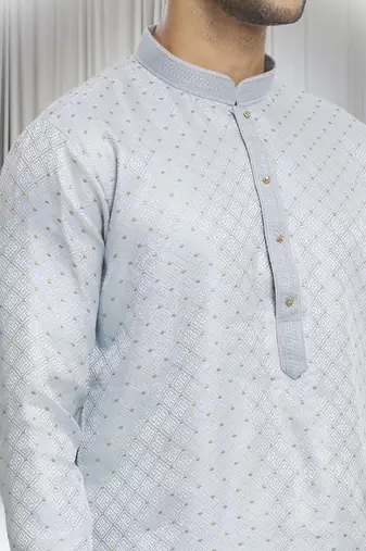 Grey silk blend plain geometric pattern kurta and churidar set for men