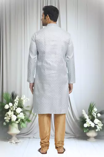 Grey silk blend plain geometric pattern kurta and churidar set for men