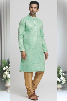 Green silk blend plain floral pattern kurta and churidar set for men 1