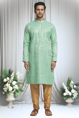 Green silk blend plain floral pattern kurta and churidar set for men 3