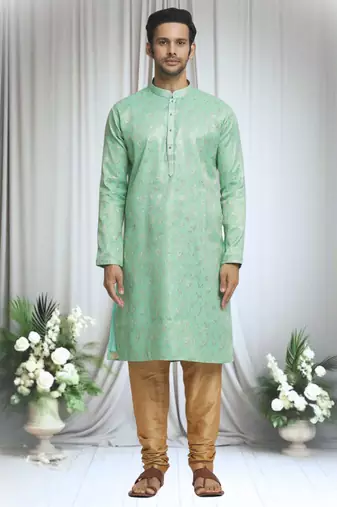 Green silk blend plain floral pattern kurta and churidar set for men