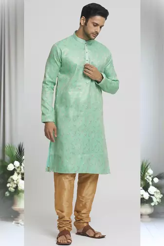 Green silk blend plain floral pattern kurta and churidar set for men