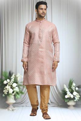 Pink silk blend plain geometric pattern straight kurta and churidar set for men 1