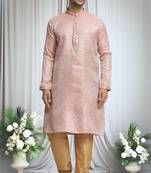 Pink silk blend plain geometric pattern straight kurta and churidar set for men