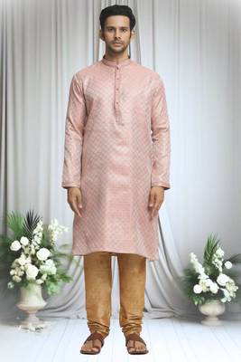 Pink silk blend plain geometric pattern straight kurta and churidar set for men 2