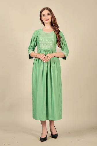 Pista  embroidery work  cotton rayon slub based  anarkali kurti  womens kurti
