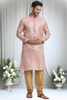 Pink silk blend plain geometric pattern straight kurta and churidar set for men 3