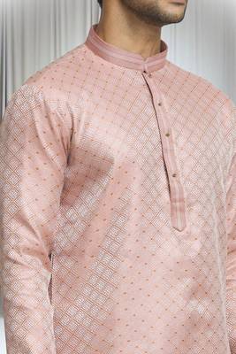 Pink silk blend plain geometric pattern straight kurta and churidar set for men 4