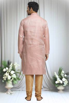 Pink silk blend plain geometric pattern straight kurta and churidar set for men 5