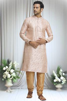 Beige silk blend plain embroidered placket kurta and churidar set for men 1