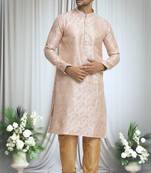 Beige silk blend plain embroidered placket kurta and churidar set for men