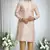 Beige silk blend plain embroidered placket kurta and churidar set for men
