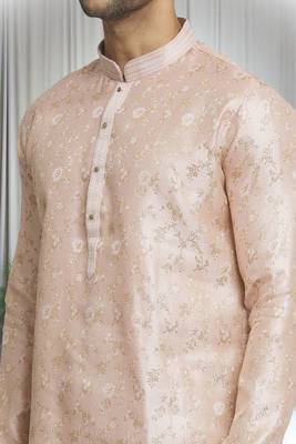 Beige silk blend plain embroidered placket kurta and churidar set for men 2