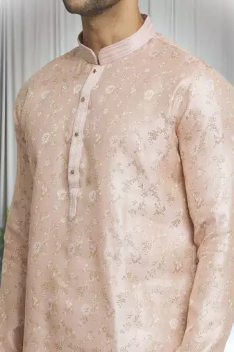 Beige silk blend plain embroidered placket kurta and churidar set for men