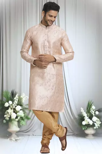 Beige silk blend plain embroidered placket kurta and churidar set for men