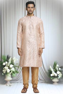 Beige silk blend plain embroidered placket kurta and churidar set for men 4