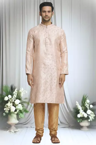 Beige silk blend plain embroidered placket kurta and churidar set for men