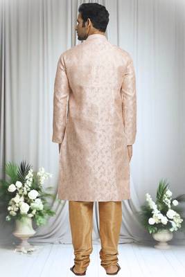 Beige silk blend plain embroidered placket kurta and churidar set for men 5
