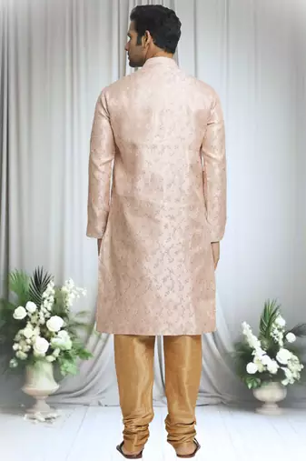 Beige silk blend plain embroidered placket kurta and churidar set for men