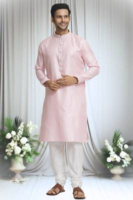 Pink silk blend plain band collar straight kurta and churidar set for men 1