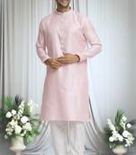 Pink silk blend plain band collar straight kurta and churidar set for men