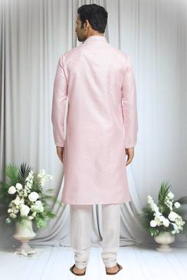 Pink silk blend plain band collar straight kurta and churidar set for men 2