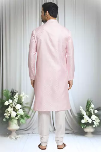Pink silk blend plain band collar straight kurta and churidar set for men