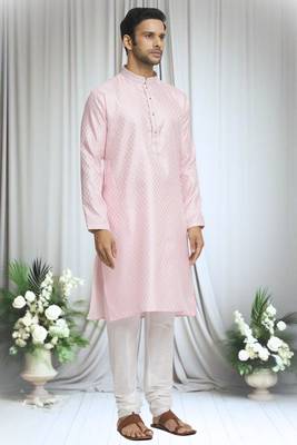 Pink silk blend plain band collar straight kurta and churidar set for men 3