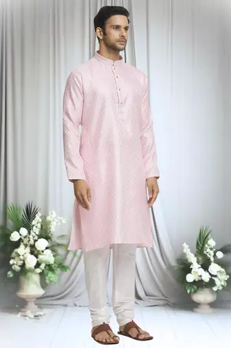 Pink silk blend plain band collar straight kurta and churidar set for men