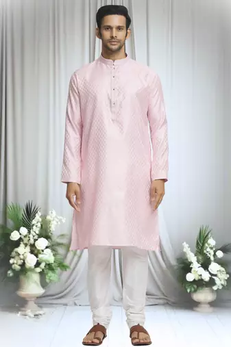 Pink silk blend plain band collar straight kurta and churidar set for men