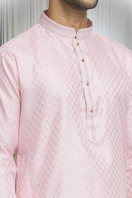 Pink silk blend plain band collar straight kurta and churidar set for men 5