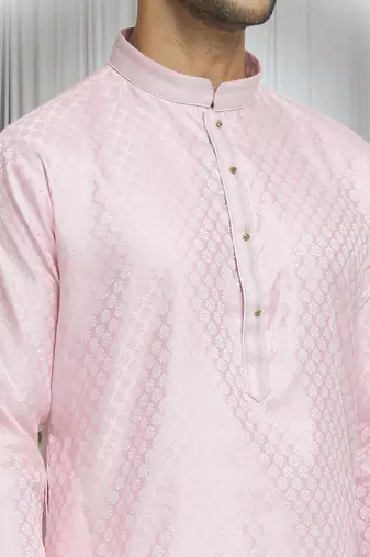 Pink silk blend plain band collar straight kurta and churidar set for men