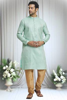 Green silk blend plain geometric pattern kurta and solid churidar set for men 1