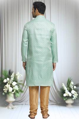 Green silk blend plain geometric pattern kurta and solid churidar set for men 2