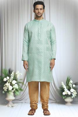 Green silk blend plain geometric pattern kurta and solid churidar set for men 3