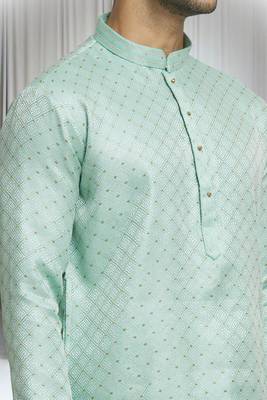 Green silk blend plain geometric pattern kurta and solid churidar set for men 4