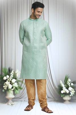 Green silk blend plain geometric pattern kurta and solid churidar set for men 5