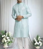 Blue silk blend plain geometric floral pattern kurta and churidar set for men