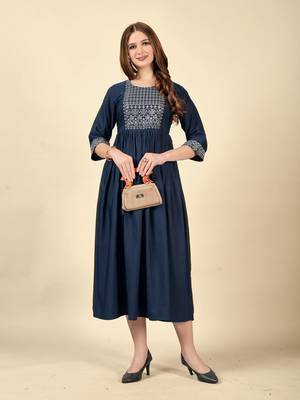 Navy blue  embroidery work  cotton rayon slub based  anarkali kurti  womens kurti 1
