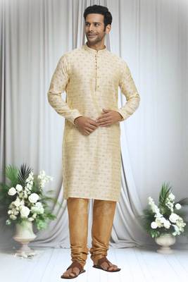 Cream silk blend plain floral butti kurta and churidar set for men 1