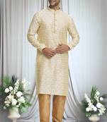 Cream silk blend plain floral butti kurta and churidar set for men