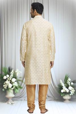 Cream silk blend plain floral butti kurta and churidar set for men 2