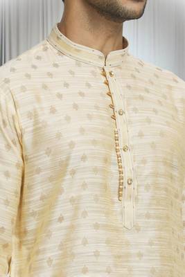 Cream silk blend plain floral butti kurta and churidar set for men 3