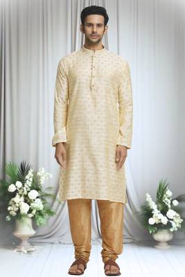 Cream silk blend plain floral butti kurta and churidar set for men 4