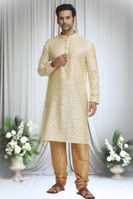 Cream silk blend plain floral butti kurta and churidar set for men 5