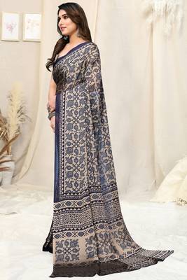 Beige Chiffon Aztec Printed Saree With Unstitched Blouse Piece 3