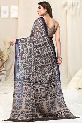 Beige Chiffon Aztec Printed Saree With Unstitched Blouse Piece 4