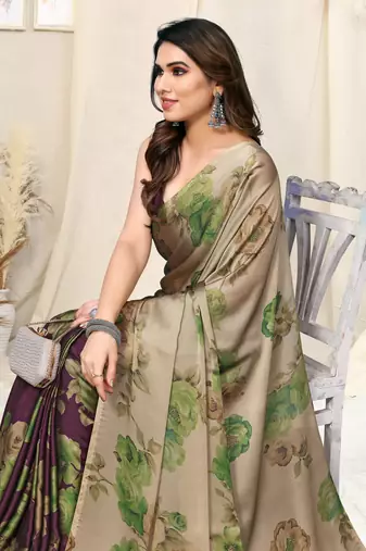 Beige chiffon floral print saree with unstitched blouse piece