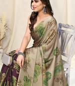 Beige chiffon floral print saree with unstitched blouse piece