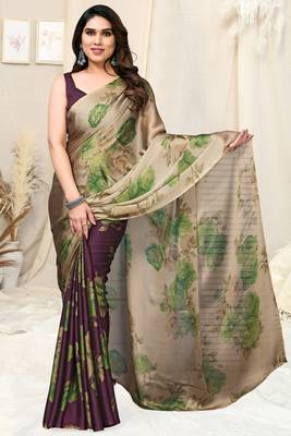 Beige chiffon floral print saree with unstitched blouse piece 2